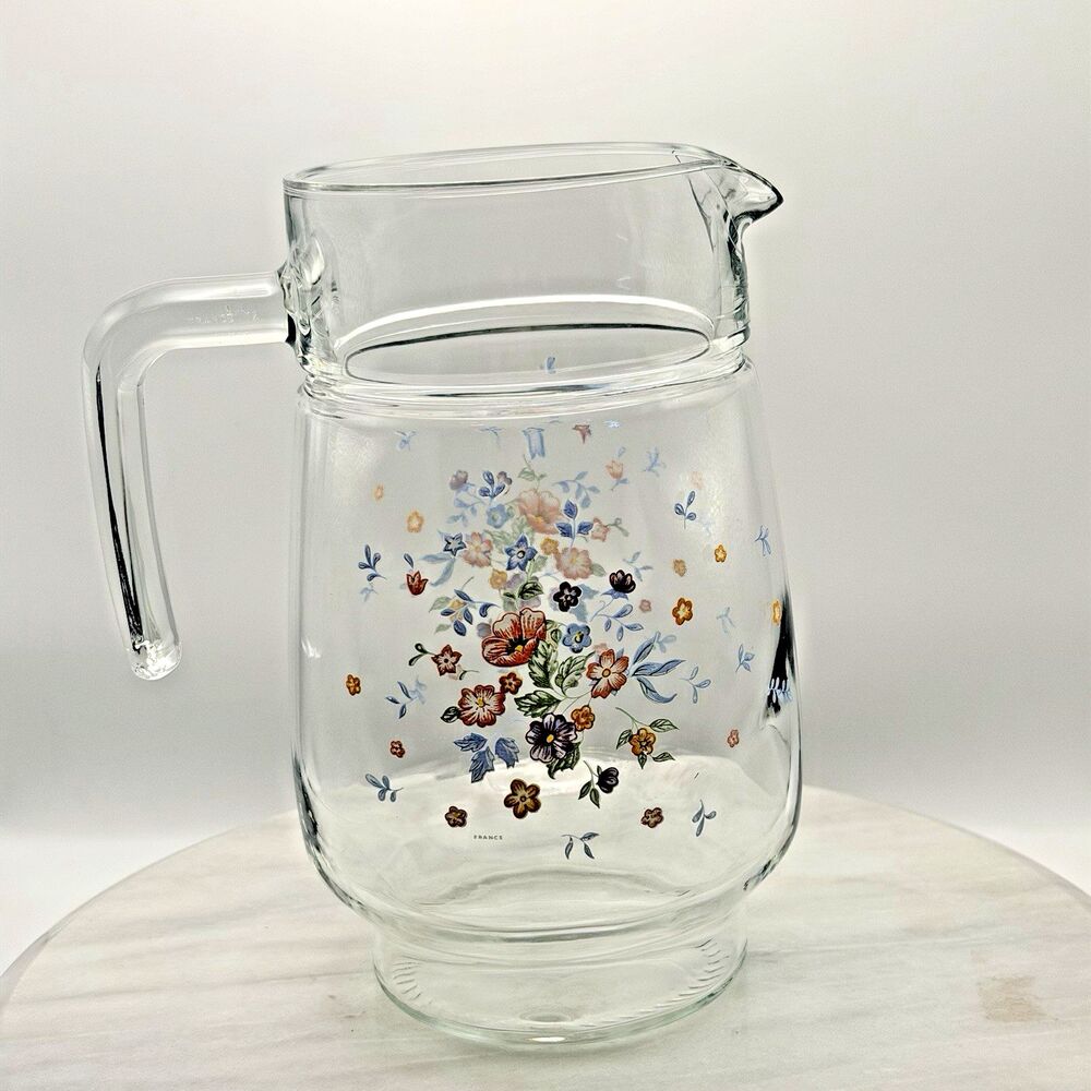 Vintage Arcoroc Glass Pitcher 64 oz. FLORAL DESIGN Clear 1980s FRANCE ,8" Tal